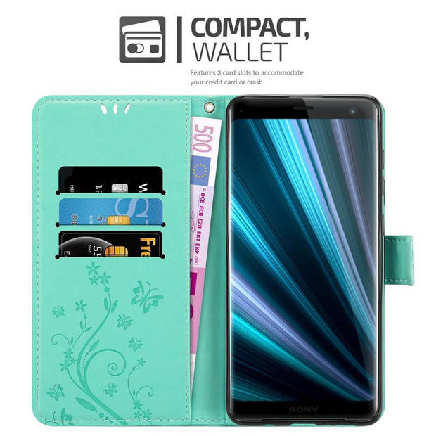 Cadorabo Hoesje geschikt voor Sony Xperia XZ3 in BLOEMEN TURKOOIS - Beschermhoes Case Cover Bloemen magnetische sluiting