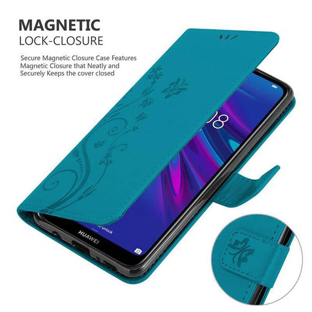 Cadorabo Hoesje geschikt voor Huawei Y6 2019 in BLOEMEN BLAUW - Beschermhoes Case Cover Bloemen magnetische sluiting