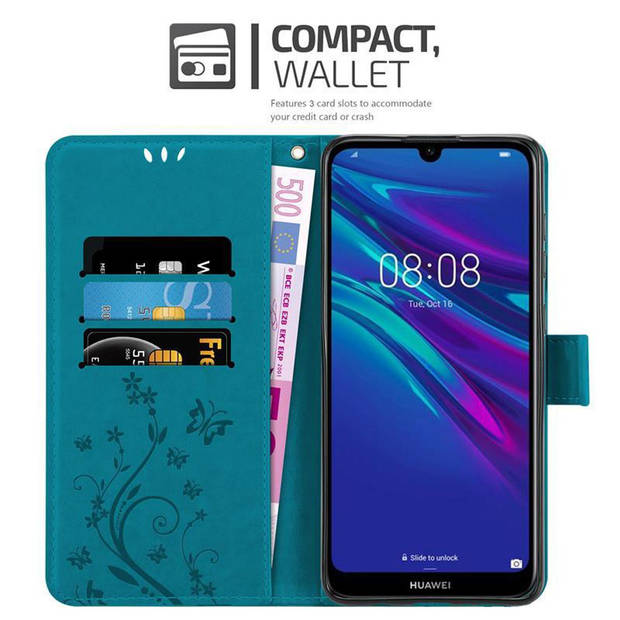 Cadorabo Hoesje geschikt voor Huawei Y6 2019 in BLOEMEN BLAUW - Beschermhoes Case Cover Bloemen magnetische sluiting
