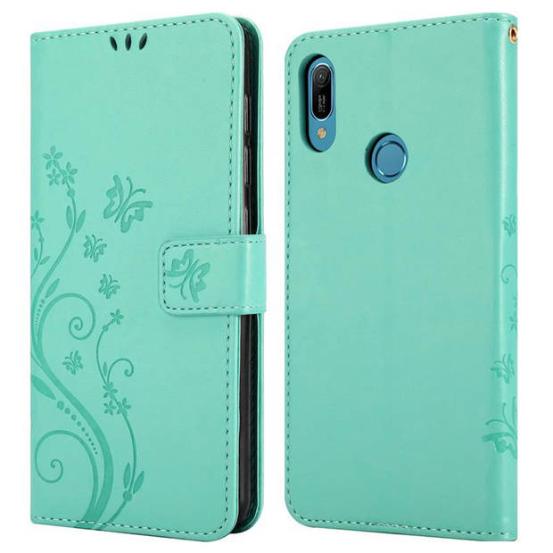 Cadorabo Hoesje geschikt voor Huawei Y6 2019 in BLOEMEN TURKOOIS - Beschermhoes Case Cover Bloemen magnetische sluiting