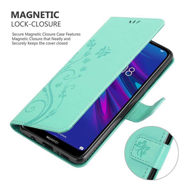 Cadorabo Hoesje geschikt voor Huawei Y6 2019 in BLOEMEN TURKOOIS - Beschermhoes Case Cover Bloemen magnetische sluiting