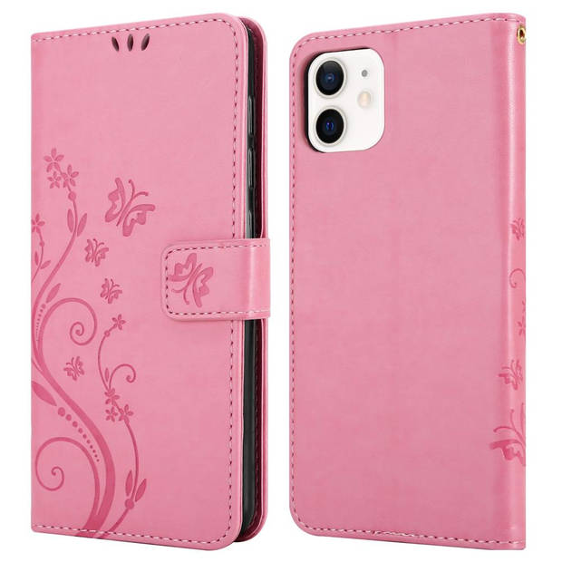 Cadorabo Hoesje geschikt voor Apple iPhone 12 MINI in BLOEMEN ROZE - Beschermhoes Case Cover Bloemen magnetische