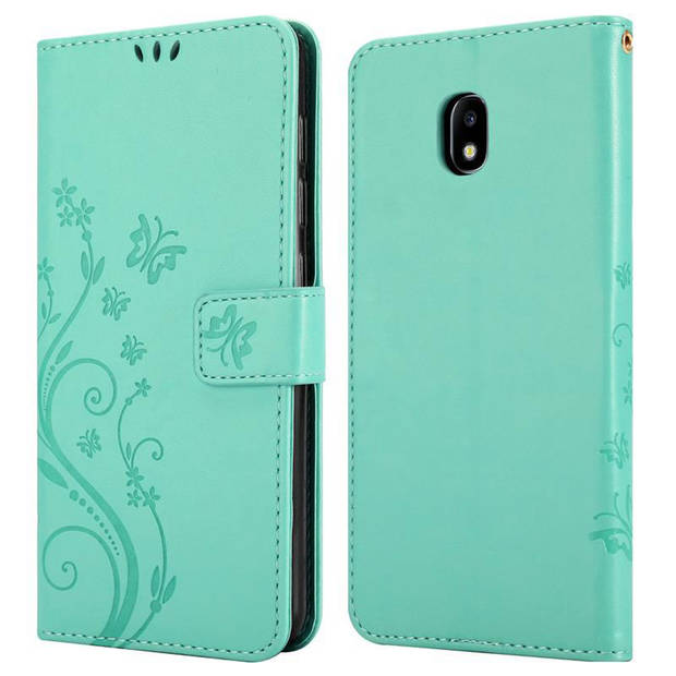 Cadorabo Hoesje geschikt voor Samsung Galaxy J3 2017 in BLOEMEN TURKOOIS - Beschermhoes Case Cover Bloemen magnetische