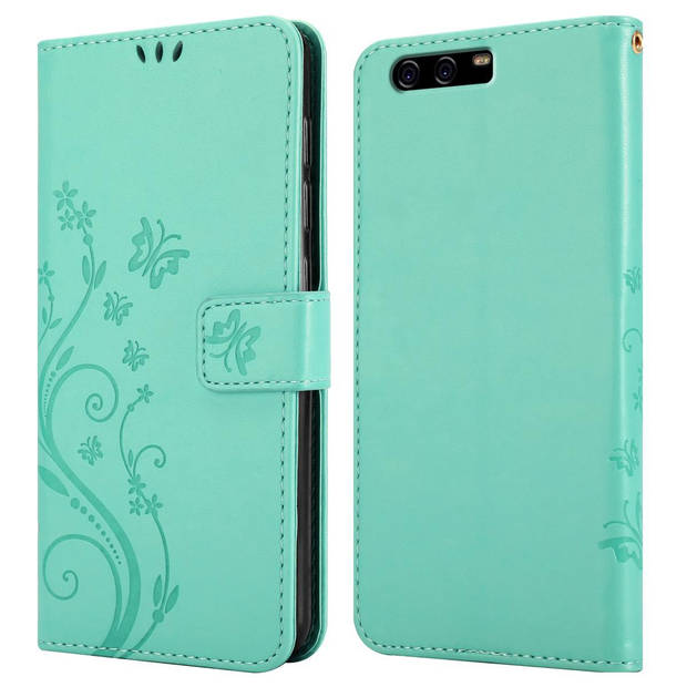 Cadorabo Hoesje geschikt voor Huawei P10 PLUS in BLOEMEN TURKOOIS - Beschermhoes Case Cover Bloemen magnetische sluiting