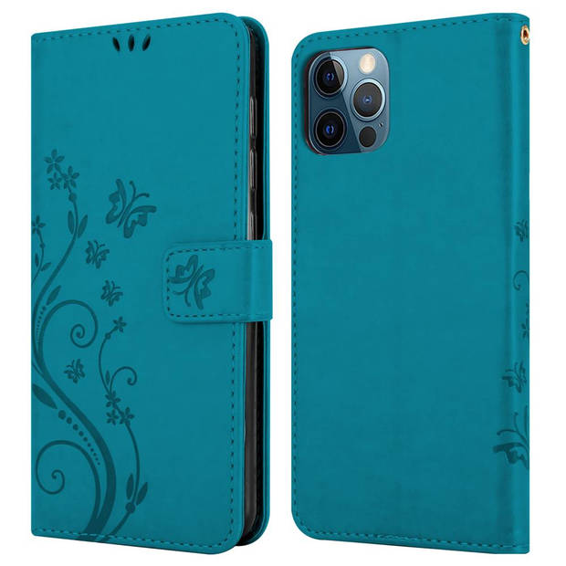 Cadorabo Hoesje geschikt voor Apple iPhone 12 / 12 PRO in BLOEMEN BLAUW - Beschermhoes Case Cover Bloemen magnetische