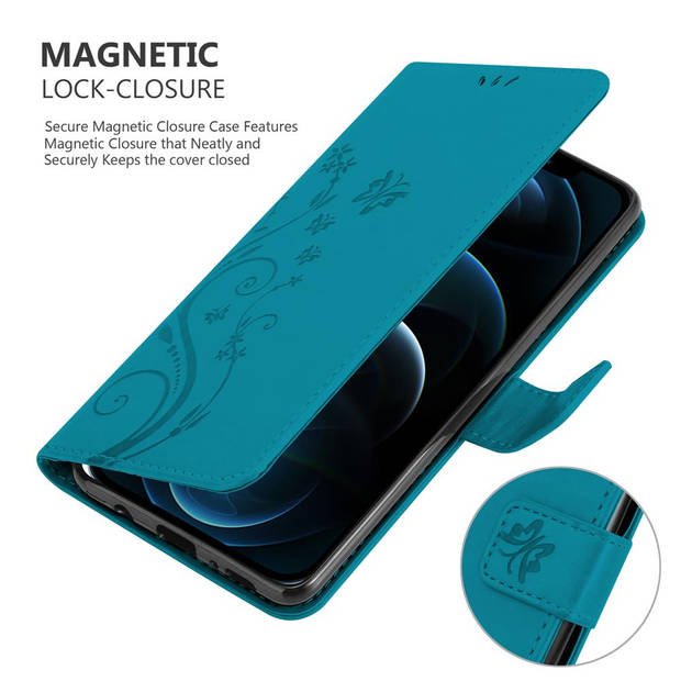 Cadorabo Hoesje geschikt voor Apple iPhone 12 / 12 PRO in BLOEMEN BLAUW - Beschermhoes Case Cover Bloemen magnetische