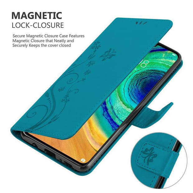 Cadorabo Hoesje geschikt voor Huawei MATE 30 in BLOEMEN BLAUW - Beschermhoes Case Cover Bloemen magnetische sluiting
