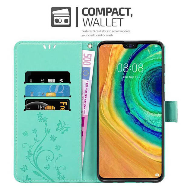 Cadorabo Hoesje geschikt voor Huawei MATE 30 in BLOEMEN TURKOOIS - Beschermhoes Case Cover Bloemen magnetische sluiting