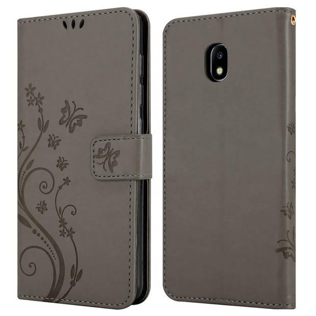 Cadorabo Hoesje geschikt voor Samsung Galaxy J3 2017 in BLOEMEN GRIJS - Beschermhoes Case Cover Bloemen magnetische