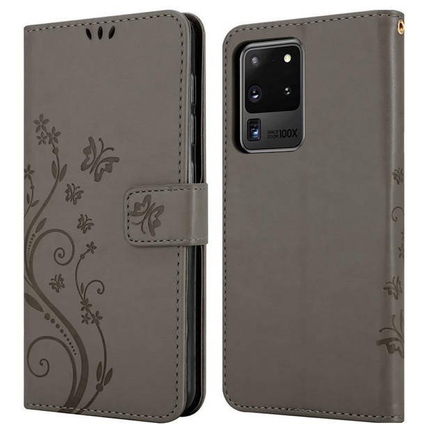 Cadorabo Hoesje geschikt voor Samsung Galaxy S20 ULTRA in BLOEMEN GRIJS - Beschermhoes Case Cover Bloemen magnetische