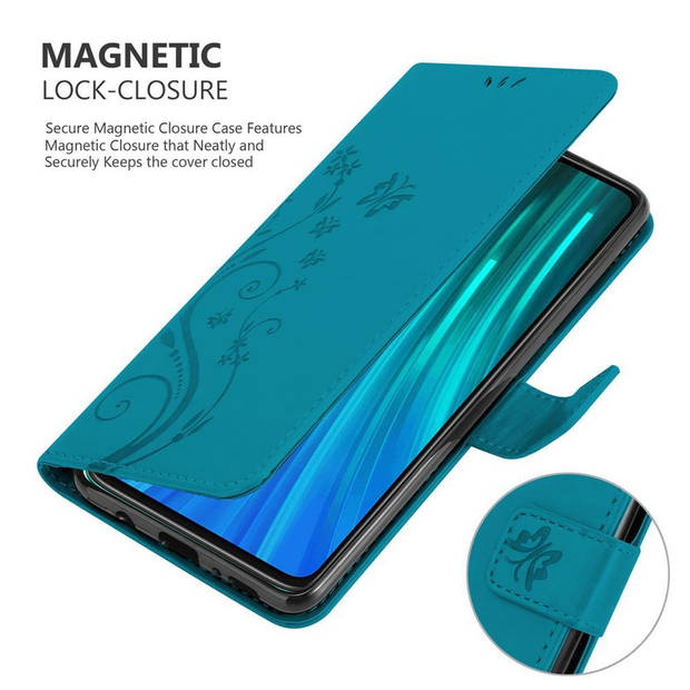 Cadorabo Hoesje geschikt voor Xiaomi RedMi NOTE 8 PRO in BLOEMEN BLAUW - Beschermhoes Case Cover Bloemen magnetische