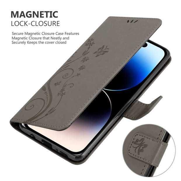 Cadorabo Hoesje geschikt voor Apple iPhone 14 PRO in BLOEMEN GRIJS - Beschermhoes Case Cover Bloemen magnetische