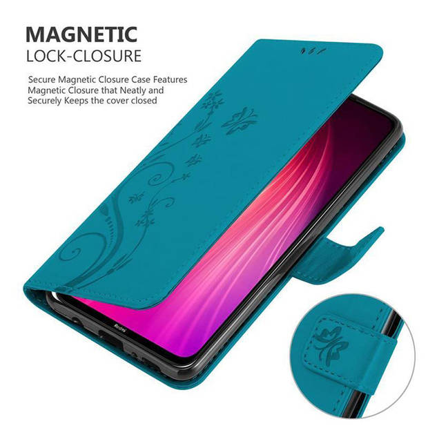 Cadorabo Hoesje geschikt voor Xiaomi RedMi NOTE 8 in BLOEMEN BLAUW - Beschermhoes Case Cover Bloemen magnetische