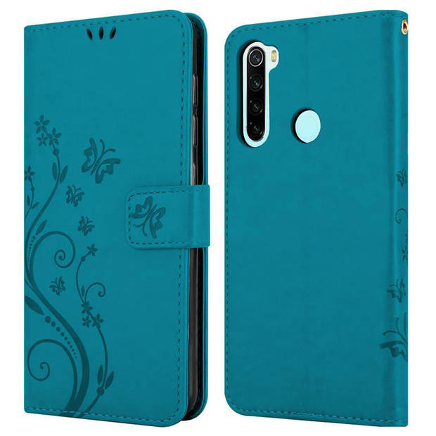 Cadorabo Hoesje geschikt voor Xiaomi RedMi NOTE 8 in BLOEMEN BLAUW - Beschermhoes Case Cover Bloemen magnetische