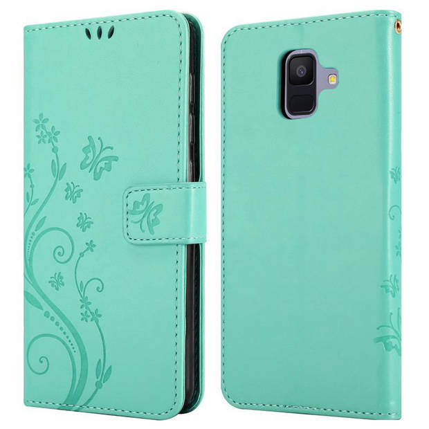 Cadorabo Hoesje geschikt voor Samsung Galaxy A6 2018 in BLOEMEN TURKOOIS - Beschermhoes Case Cover Bloemen magnetische