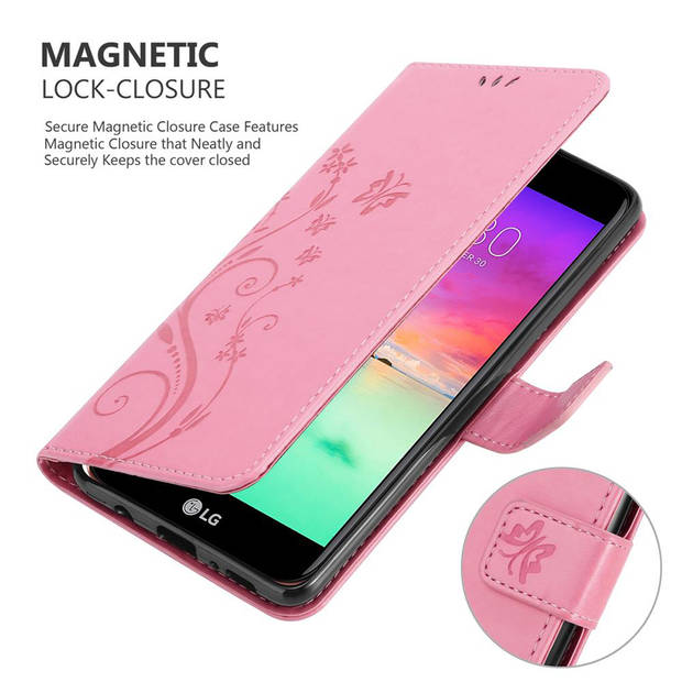 Cadorabo Hoesje geschikt voor LG K10 2017 in BLOEMEN ROZE - Beschermhoes Case Cover Bloemen magnetische sluiting