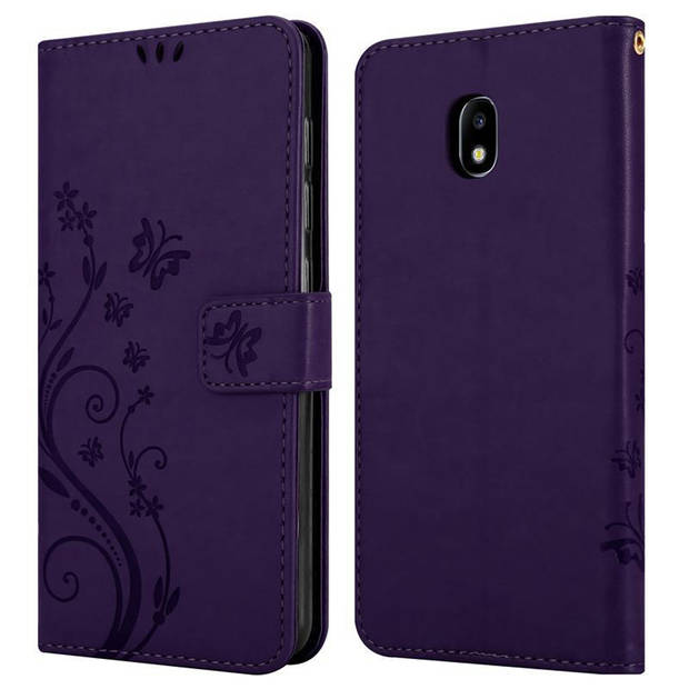 Cadorabo Hoesje geschikt voor Samsung Galaxy J3 2017 in BLOEMEN DONKER PAARS - Beschermhoes Case Cover Bloemen