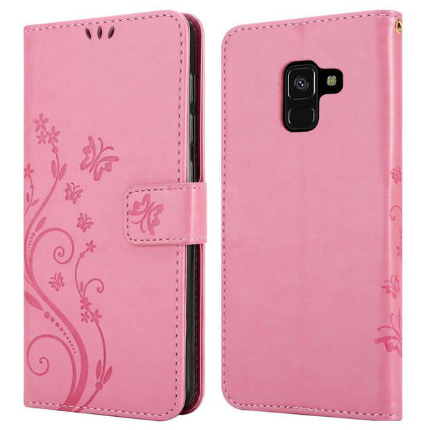 Cadorabo Hoesje geschikt voor Samsung Galaxy A8 2018 in BLOEMEN ROZE - Beschermhoes Case Cover Bloemen magnetische