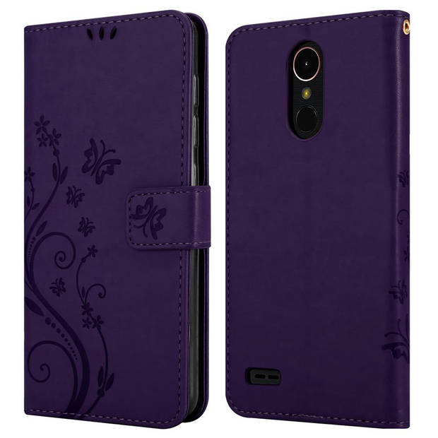 Cadorabo Hoesje geschikt voor LG K10 2017 in BLOEMEN DONKER PAARS - Beschermhoes Case Cover Bloemen magnetische sluiting