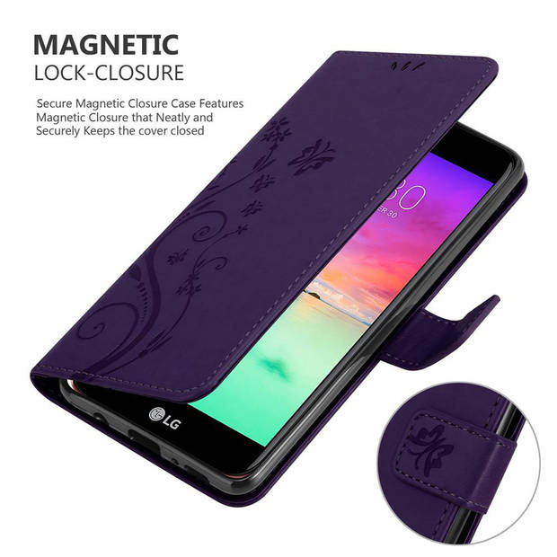 Cadorabo Hoesje geschikt voor LG K10 2017 in BLOEMEN DONKER PAARS - Beschermhoes Case Cover Bloemen magnetische sluiting