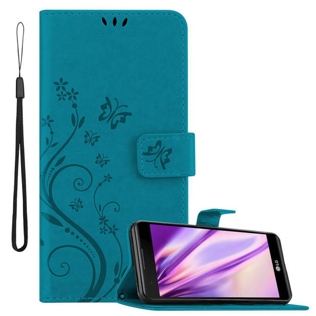 Cadorabo Hoesje geschikt voor LG X POWER in BLOEMEN BLAUW - Beschermhoes Case Cover Bloemen magnetische sluiting