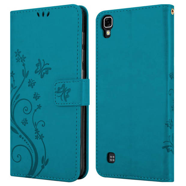 Cadorabo Hoesje geschikt voor LG X POWER in BLOEMEN BLAUW - Beschermhoes Case Cover Bloemen magnetische sluiting