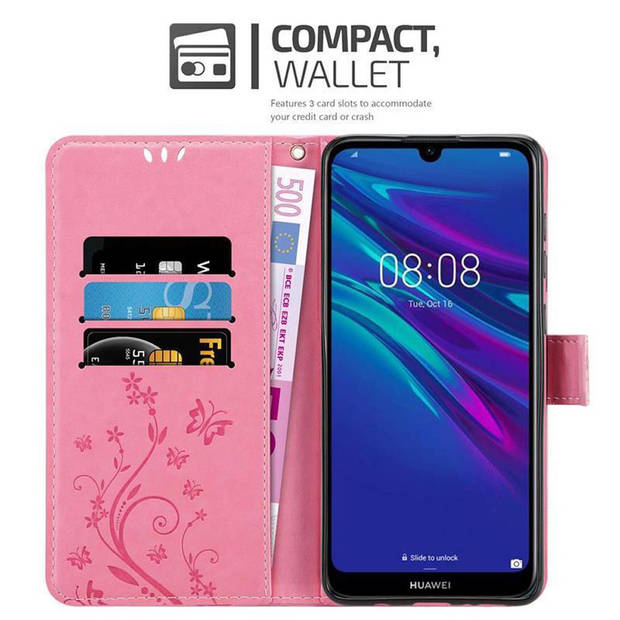Cadorabo Hoesje geschikt voor Huawei Y6 2019 in BLOEMEN ROZE - Beschermhoes Case Cover Bloemen magnetische sluiting