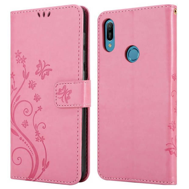 Cadorabo Hoesje geschikt voor Huawei Y6 2019 in BLOEMEN ROZE - Beschermhoes Case Cover Bloemen magnetische sluiting