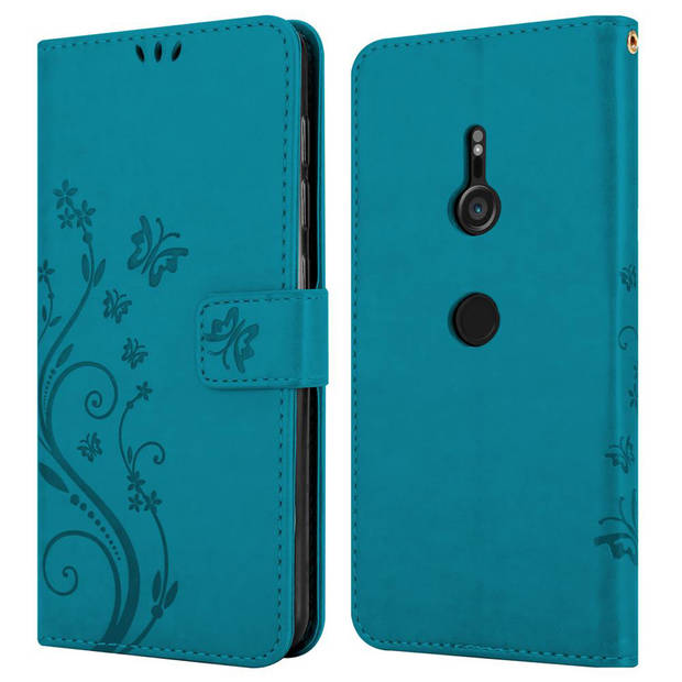 Cadorabo Hoesje geschikt voor Sony Xperia XZ3 in BLOEMEN BLAUW - Beschermhoes Case Cover Bloemen magnetische sluiting