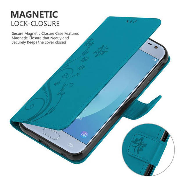 Cadorabo Hoesje geschikt voor Samsung Galaxy J3 2017 in BLOEMEN BLAUW - Beschermhoes Case Cover Bloemen magnetische