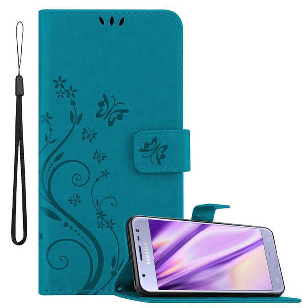 Cadorabo Hoesje geschikt voor Samsung Galaxy J3 2017 in BLOEMEN BLAUW - Beschermhoes Case Cover Bloemen magnetische