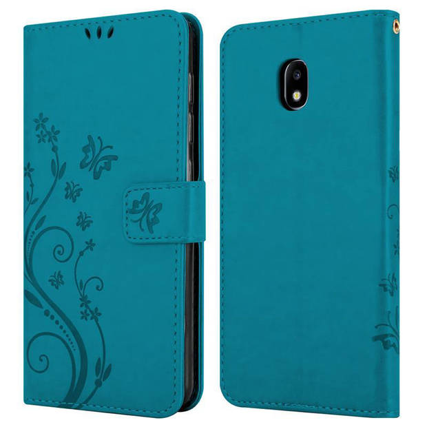 Cadorabo Hoesje geschikt voor Samsung Galaxy J3 2017 in BLOEMEN BLAUW - Beschermhoes Case Cover Bloemen magnetische