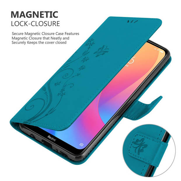 Cadorabo Hoesje geschikt voor Xiaomi RedMi 8A in BLOEMEN BLAUW - Beschermhoes Case Cover Bloemen magnetische sluiting