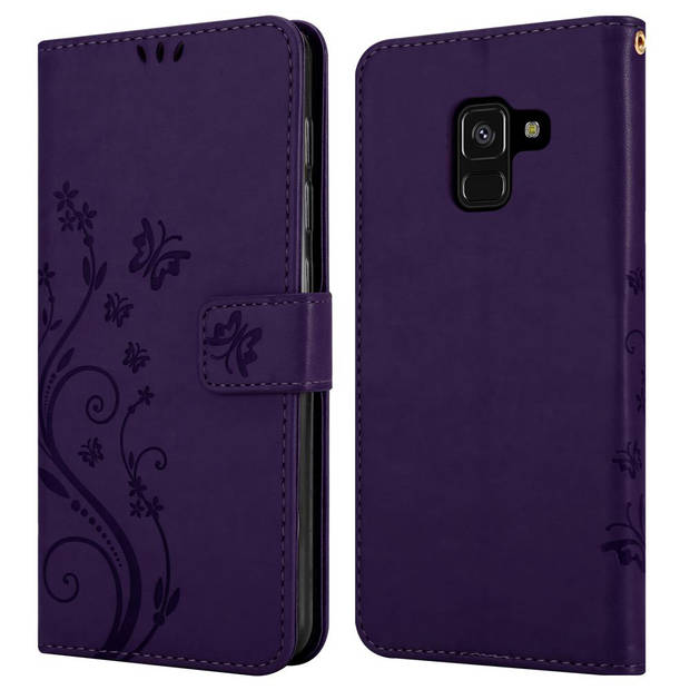 Cadorabo Hoesje geschikt voor Samsung Galaxy A8 2018 in BLOEMEN DONKER PAARS - Beschermhoes Case Cover Bloemen