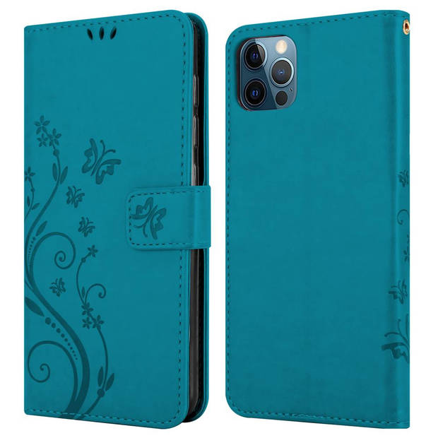 Cadorabo Hoesje geschikt voor Apple iPhone 12 PRO MAX in BLOEMEN BLAUW - Beschermhoes Case Cover Bloemen magnetische