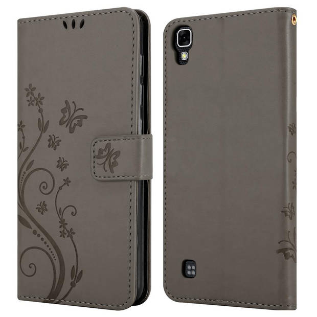 Cadorabo Hoesje geschikt voor LG X POWER in BLOEMEN GRIJS - Beschermhoes Case Cover Bloemen magnetische sluiting