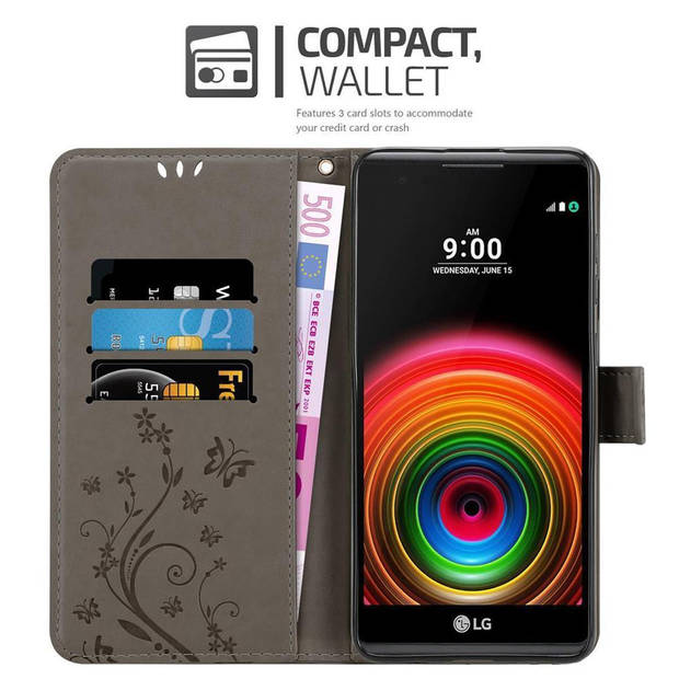 Cadorabo Hoesje geschikt voor LG X POWER in BLOEMEN GRIJS - Beschermhoes Case Cover Bloemen magnetische sluiting