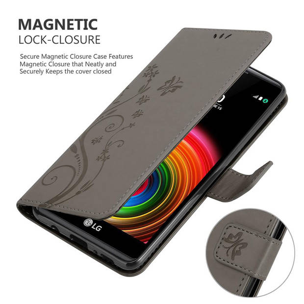 Cadorabo Hoesje geschikt voor LG X POWER in BLOEMEN GRIJS - Beschermhoes Case Cover Bloemen magnetische sluiting