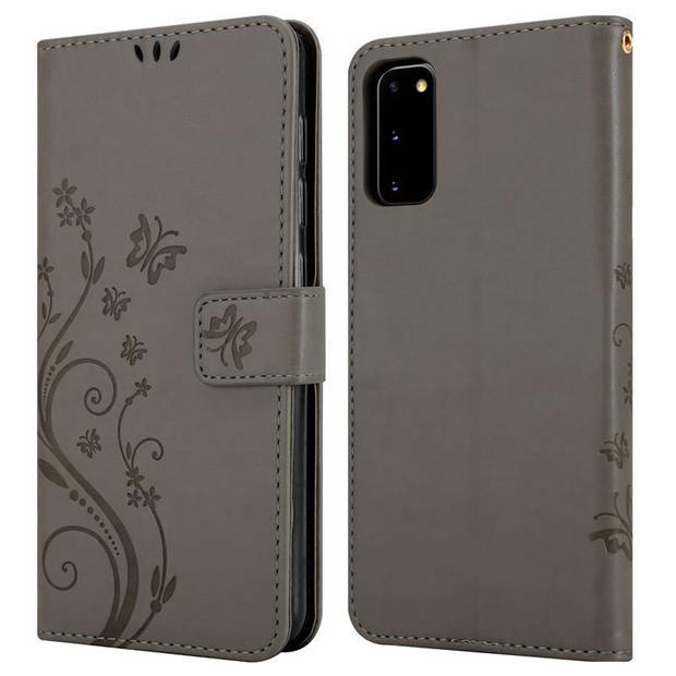 Cadorabo Hoesje geschikt voor Samsung Galaxy S20 in BLOEMEN GRIJS - Beschermhoes Case Cover Bloemen magnetische sluiting