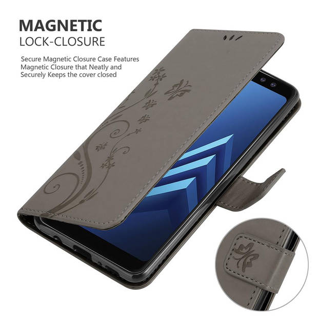Cadorabo Hoesje geschikt voor Samsung Galaxy A8 2018 in BLOEMEN GRIJS - Beschermhoes Case Cover Bloemen magnetische