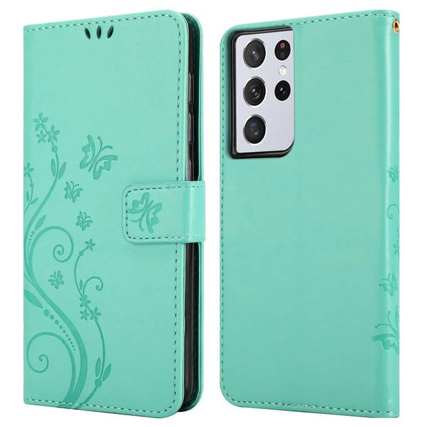 Cadorabo Hoesje geschikt voor Samsung Galaxy S21 ULTRA in BLOEMEN TURKOOIS - Beschermhoes Case Cover Bloemen magnetische