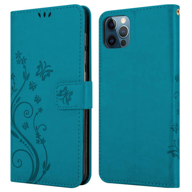 Cadorabo Hoesje geschikt voor Apple iPhone 13 MINI in BLOEMEN BLAUW - Beschermhoes Case Cover Bloemen magnetische