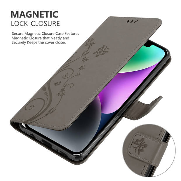 Cadorabo Hoesje geschikt voor Apple iPhone 14 PLUS in BLOEMEN GRIJS - Beschermhoes Case Cover Bloemen magnetische