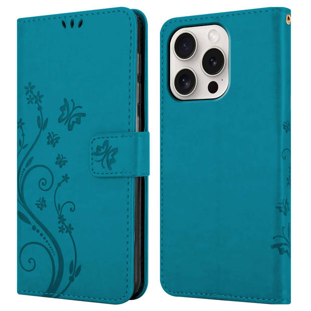 Cadorabo Hoesje geschikt voor Apple iPhone 15 PRO in BLOEMEN BLAUW - Beschermhoes Case Cover Bloemen magnetische