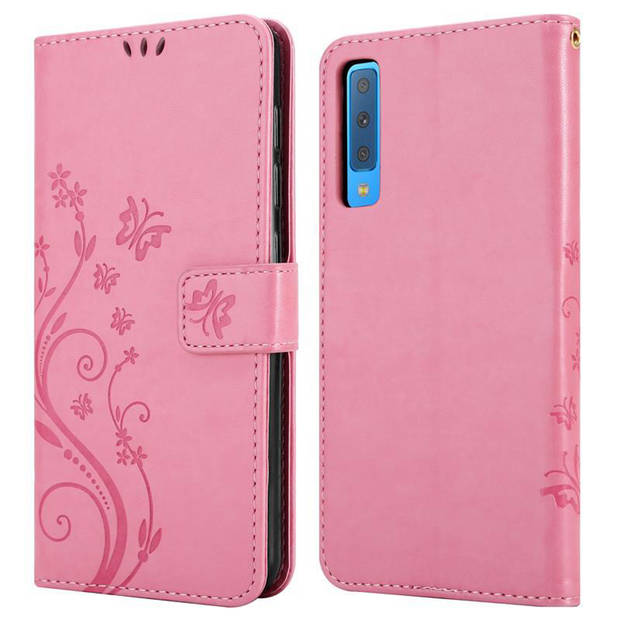 Cadorabo Hoesje geschikt voor Samsung Galaxy A7 2018 in BLOEMEN ROZE - Beschermhoes Case Cover Bloemen magnetische