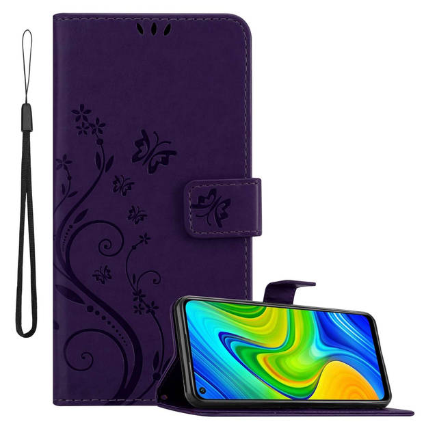 Cadorabo Hoesje geschikt voor Xiaomi RedMi NOTE 9 in BLOEMEN DONKER PAARS - Beschermhoes Case Cover Bloemen magnetische