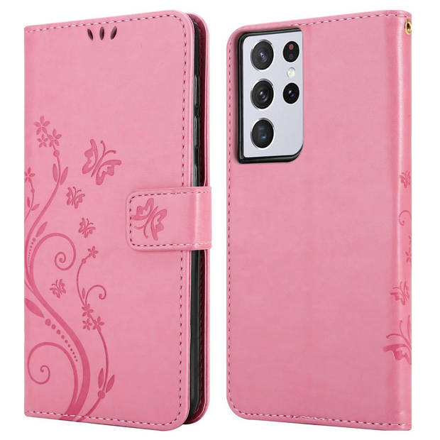 Cadorabo Hoesje geschikt voor Samsung Galaxy S21 ULTRA in BLOEMEN ROZE - Beschermhoes Case Cover Bloemen magnetische