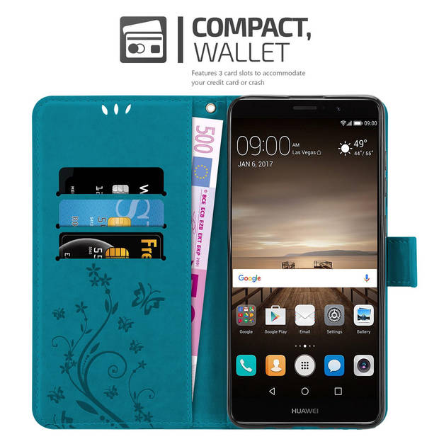 Cadorabo Hoesje geschikt voor Huawei MATE 9 in BLOEMEN BLAUW - Beschermhoes Case Cover Bloemen magnetische sluiting