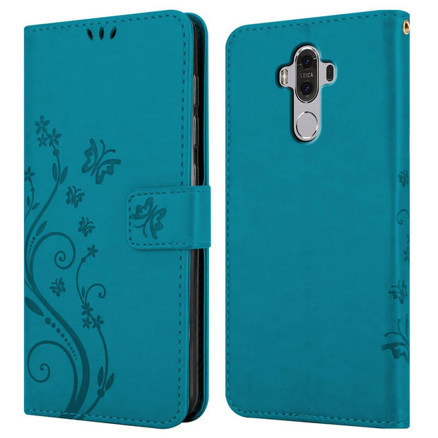 Cadorabo Hoesje geschikt voor Huawei MATE 9 in BLOEMEN BLAUW - Beschermhoes Case Cover Bloemen magnetische sluiting