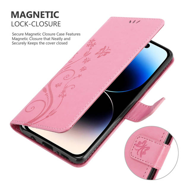 Cadorabo Hoesje geschikt voor Apple iPhone 14 PRO in BLOEMEN ROZE - Beschermhoes Case Cover Bloemen magnetische sluiting